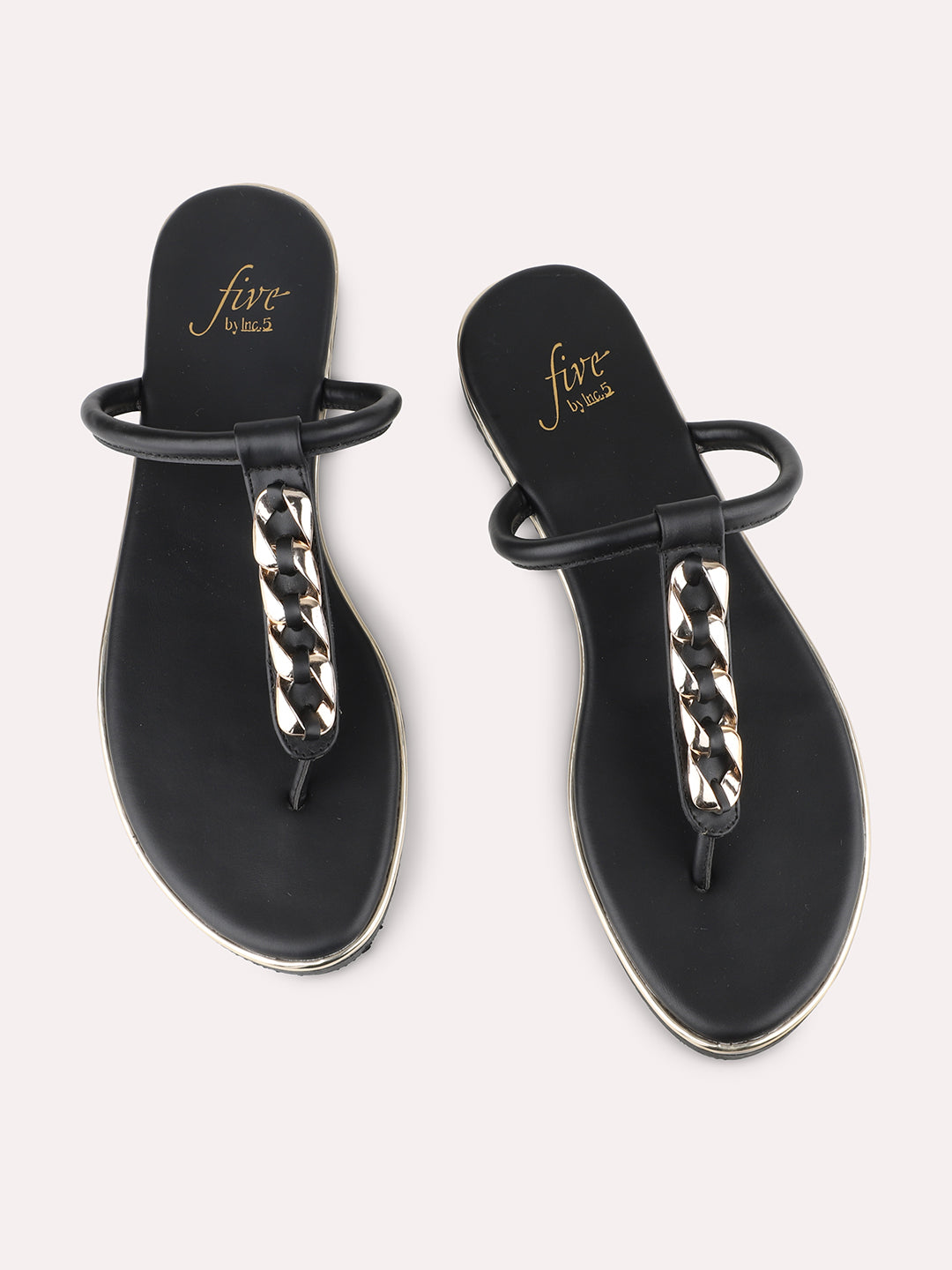 Women Black And Gold-Toned T-Strap Flats With Buckles