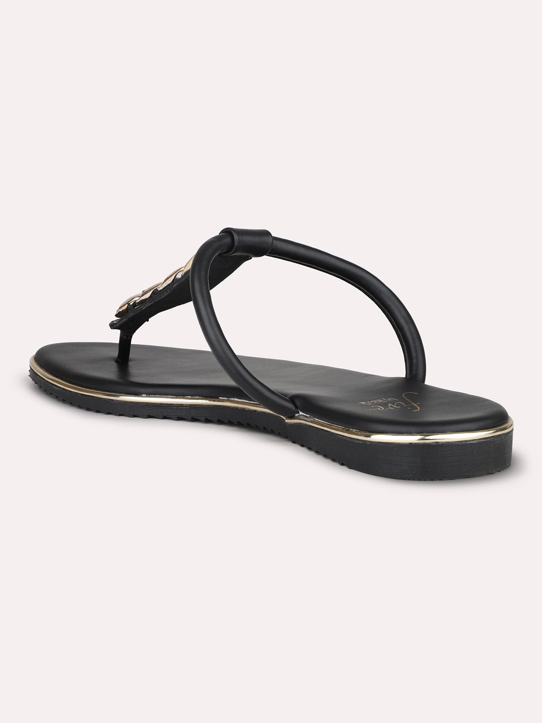 Women Black And Gold-Toned T-Strap Flats With Buckles