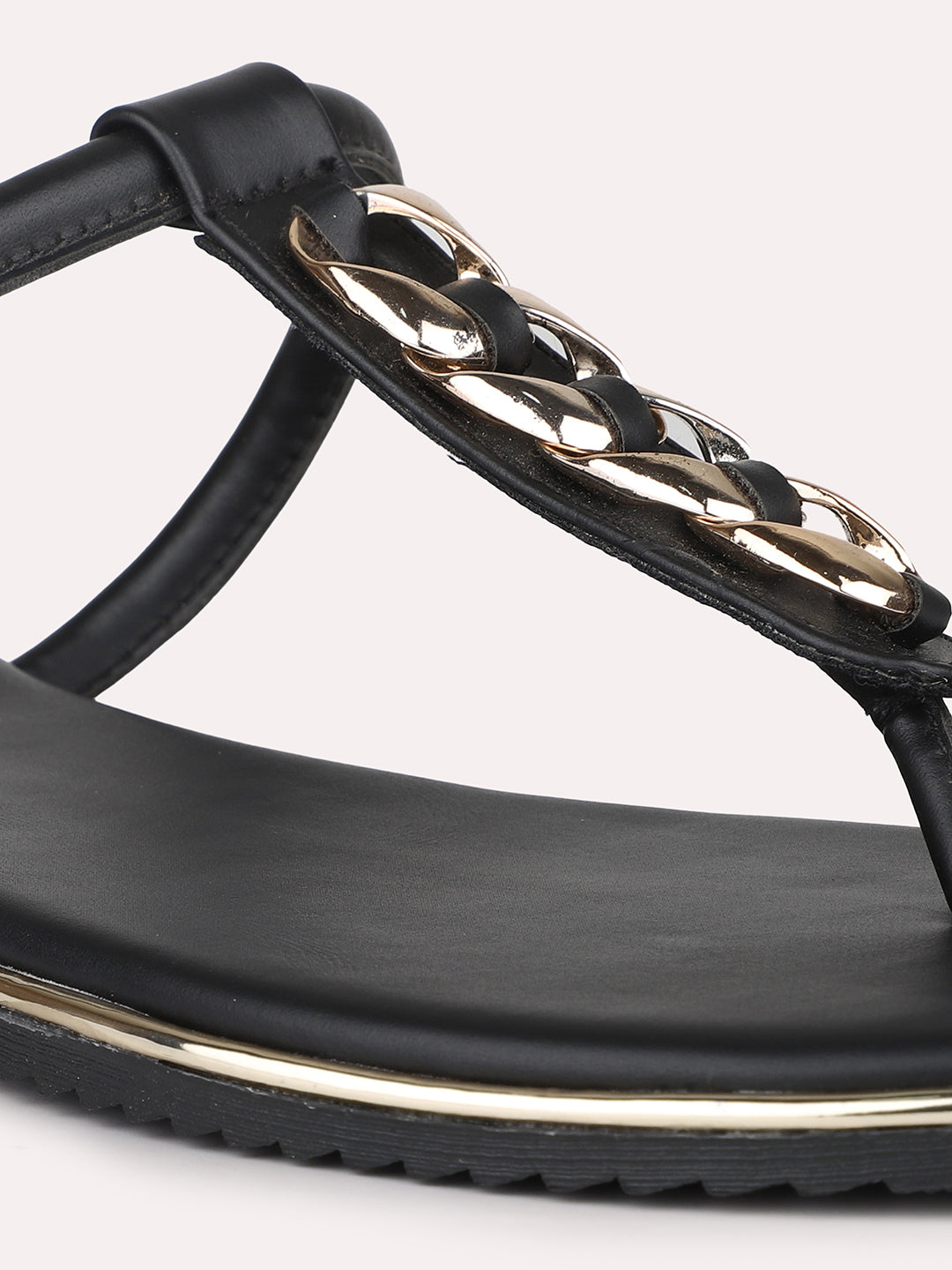 Women Black And Gold-Toned T-Strap Flats With Buckles