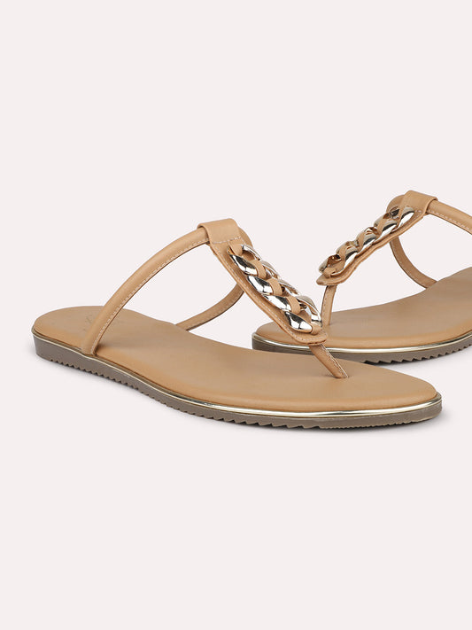 Women Beige And Gold-Toned T-Strap Flats With Buckles