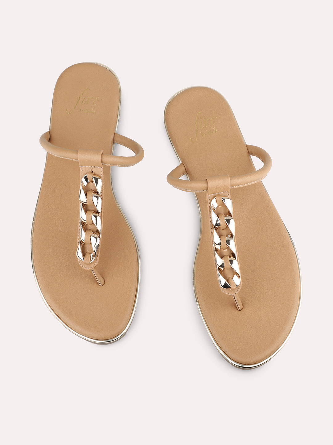 Women Beige And Gold-Toned T-Strap Flats With Buckles