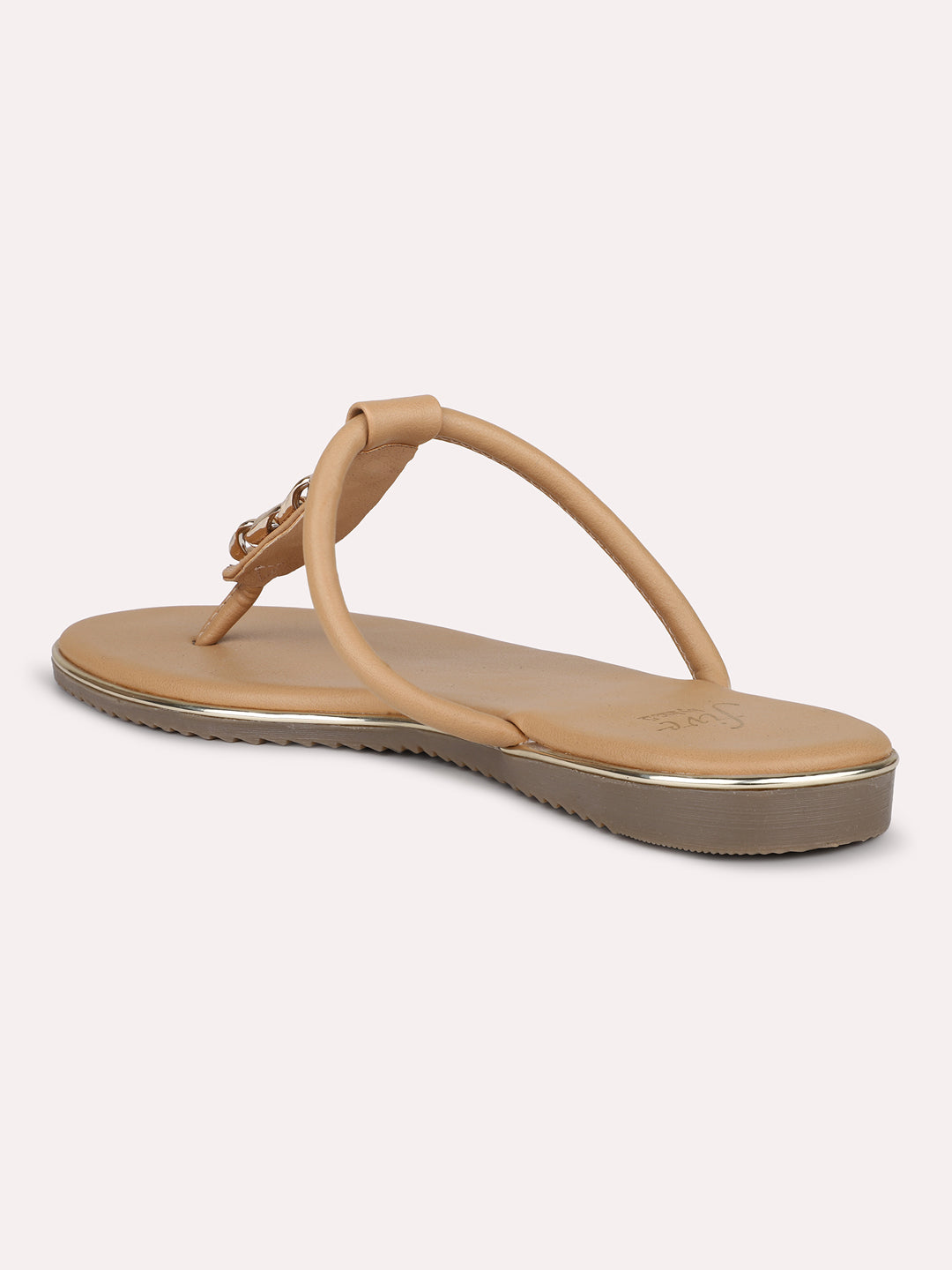 Women Beige And Gold-Toned T-Strap Flats With Buckles