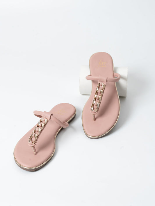 Women Peach And Gold-Toned T-Strap Flats With Buckles