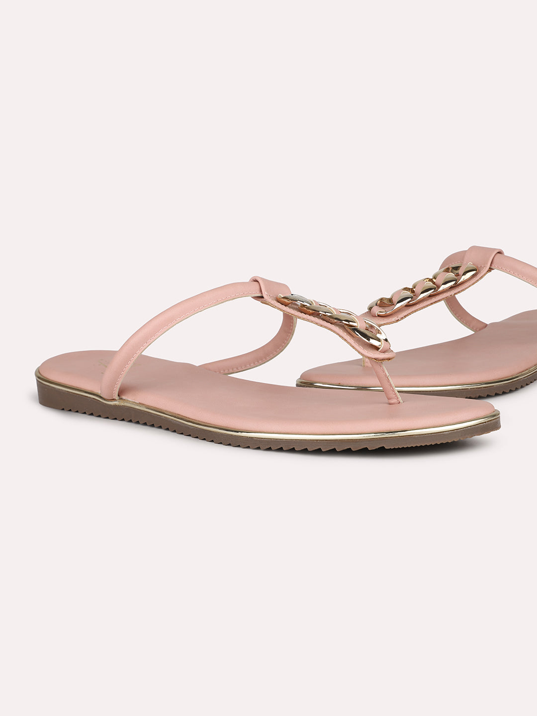 Women Peach And Gold-Toned T-Strap Flats With Buckles