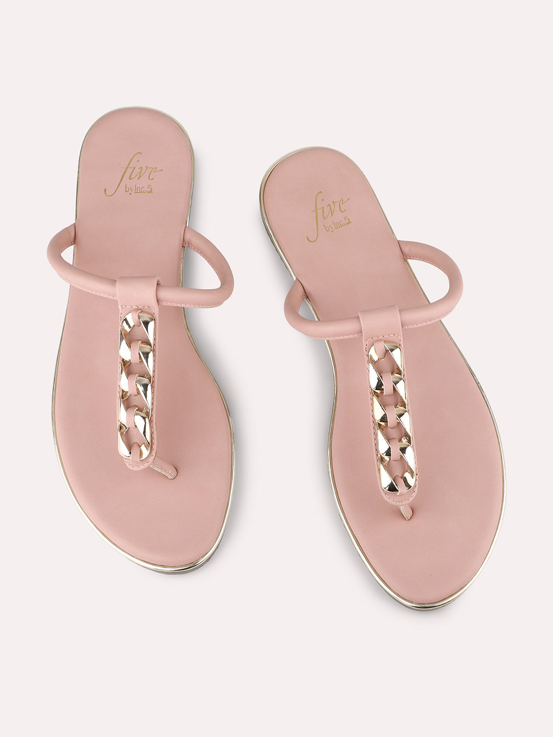 Women Peach And Gold-Toned T-Strap Flats With Buckles