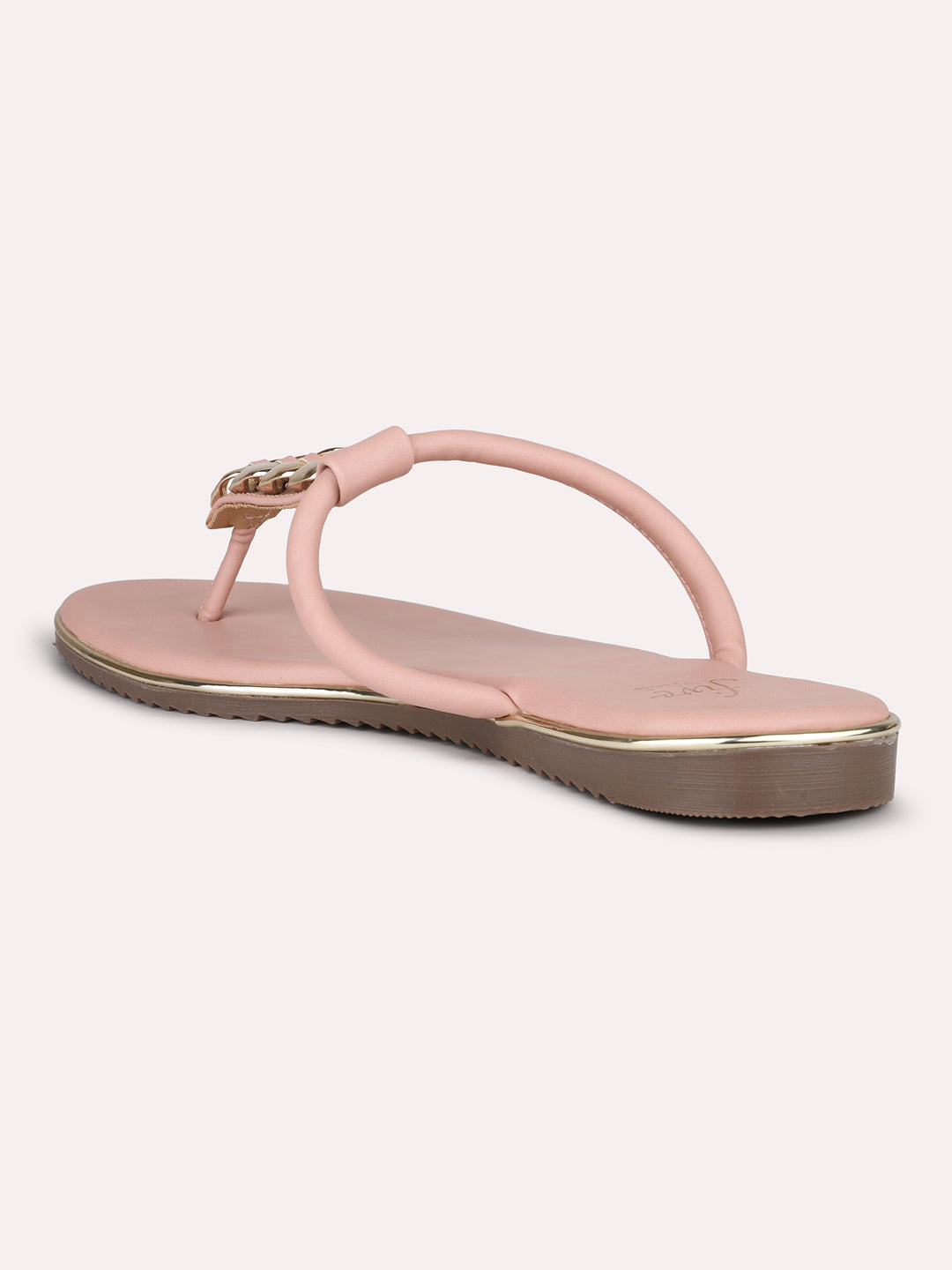 Women Peach And Gold-Toned T-Strap Flats With Buckles