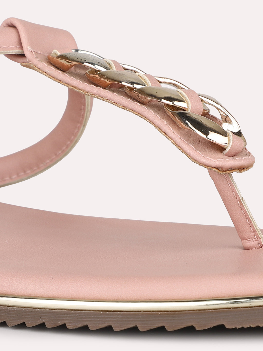 Women Peach And Gold-Toned T-Strap Flats With Buckles