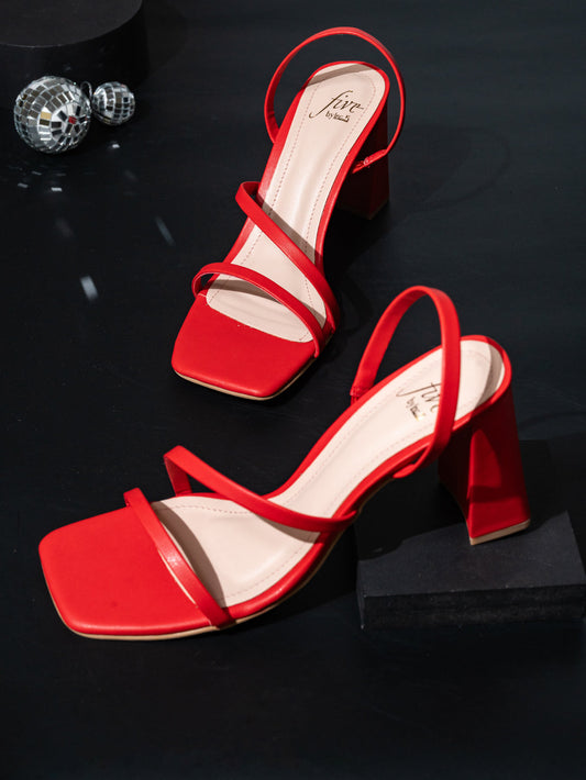 Women Red Strappy Block Heels