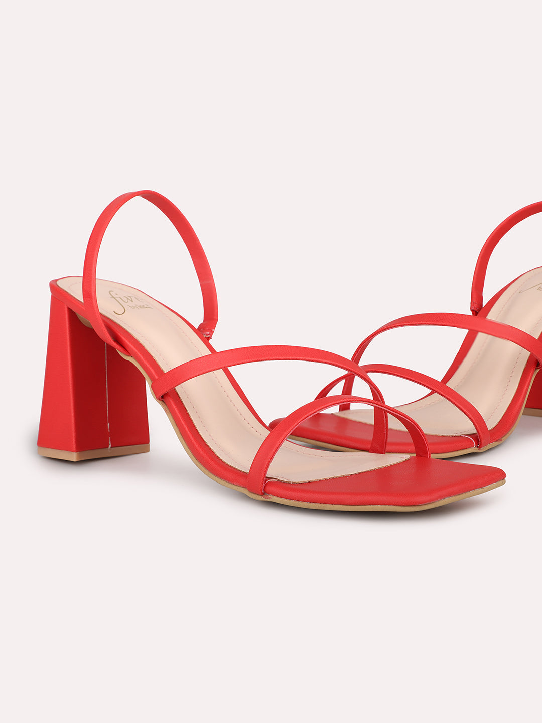 Women Red Strappy Block Heels