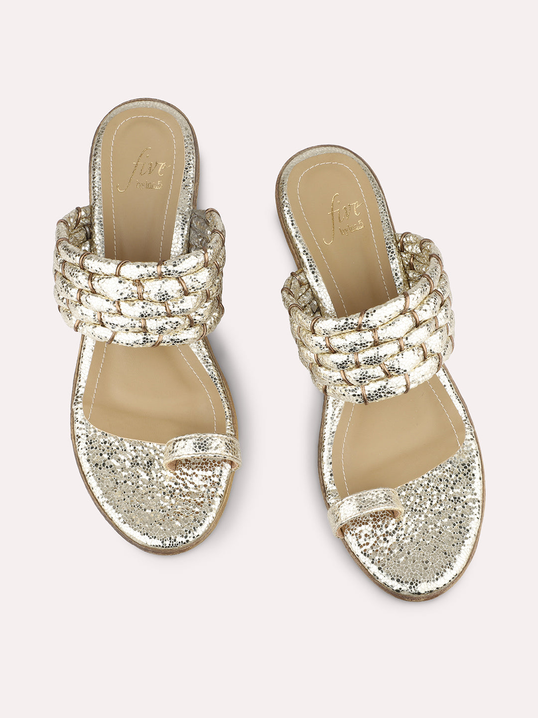 Women Gold Embellished Textured One Toe Wedge Heels