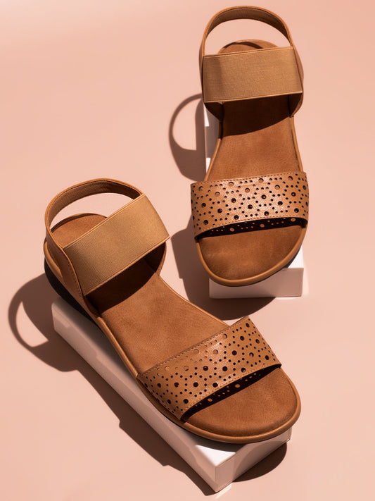 Women Beige Textured Comfort Sandals With Laser Cuts