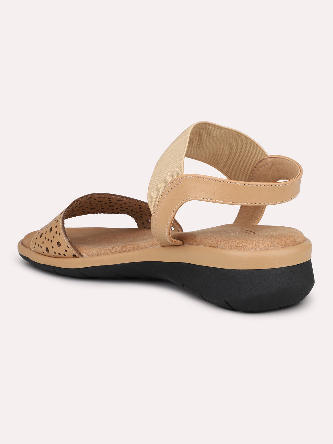 Women Beige Textured Comfort Sandals With Laser Cuts