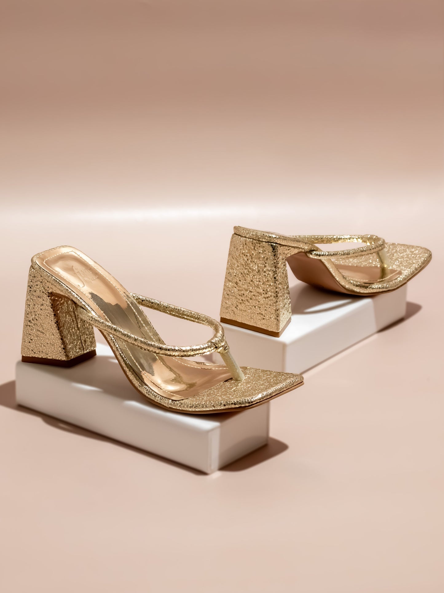 Women Gold Embellished Textured One Toe Block Heels