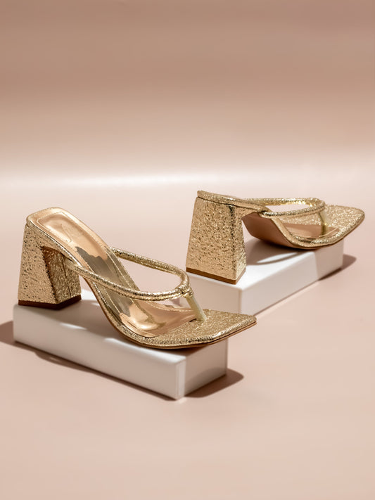 Women Gold Embellished Textured One Toe Block Heels