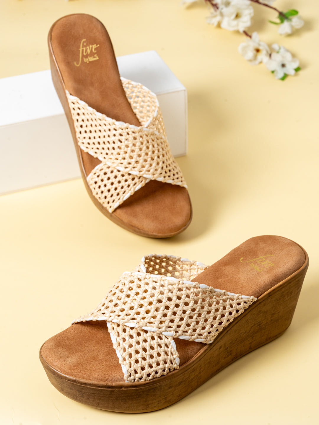 Women Beige Woven Design Wedge Sandals