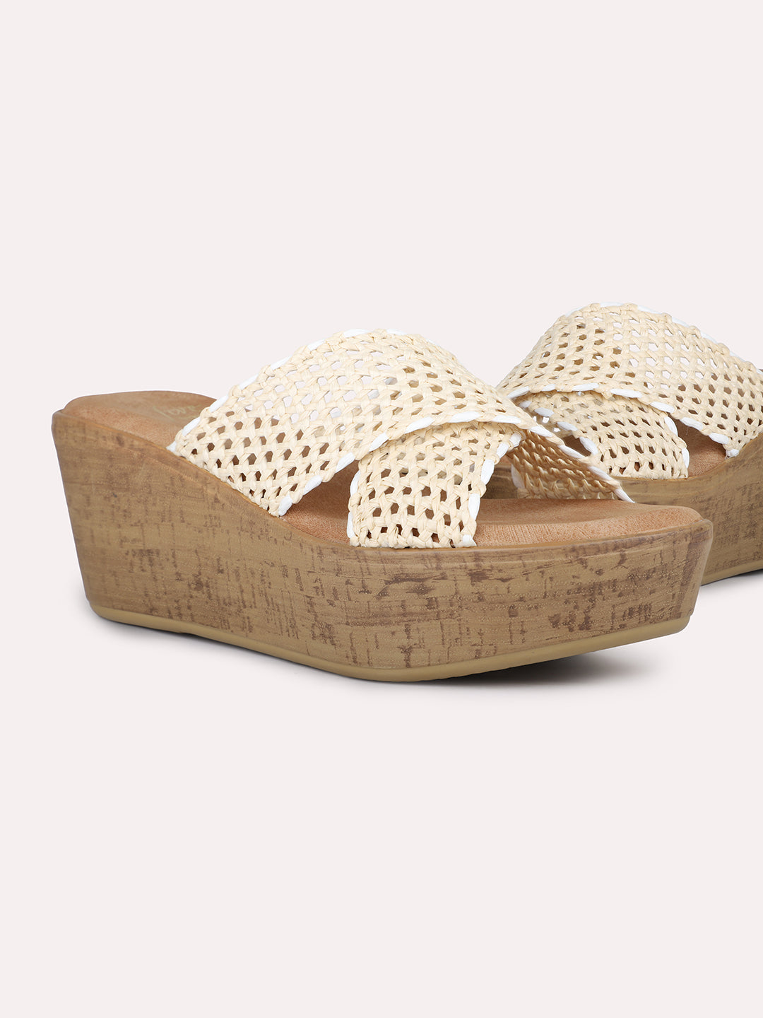 Women Beige Woven Design Wedge Sandals