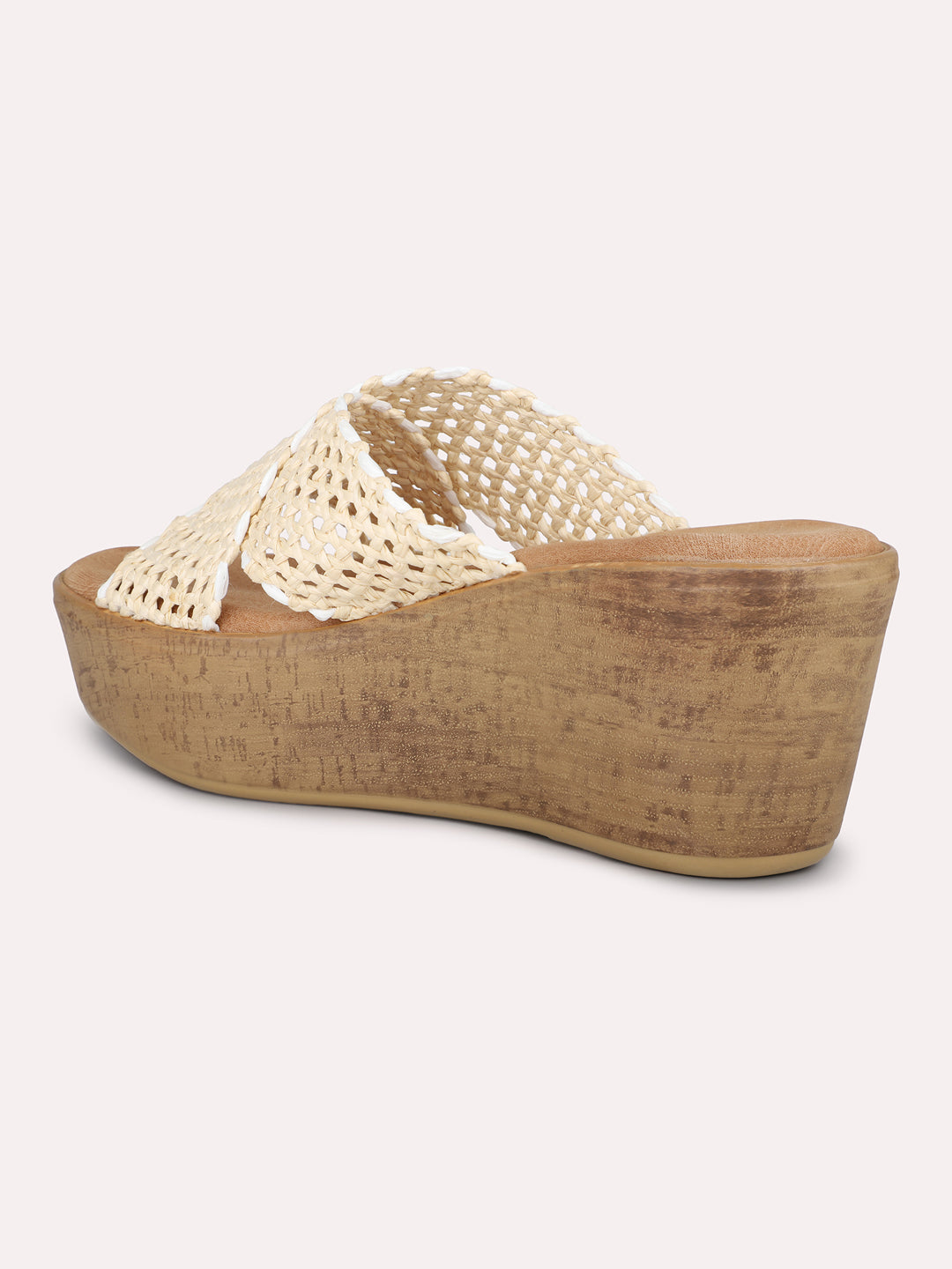 Women Beige Woven Design Wedge Sandals