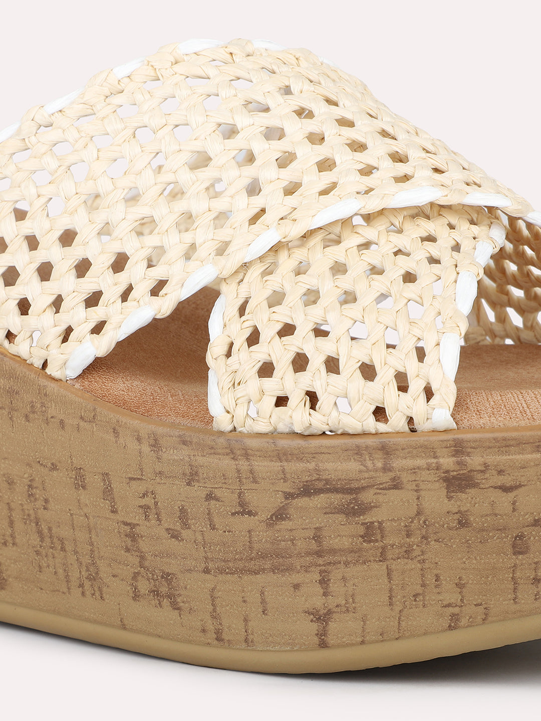 Women Beige Woven Design Wedge Sandals