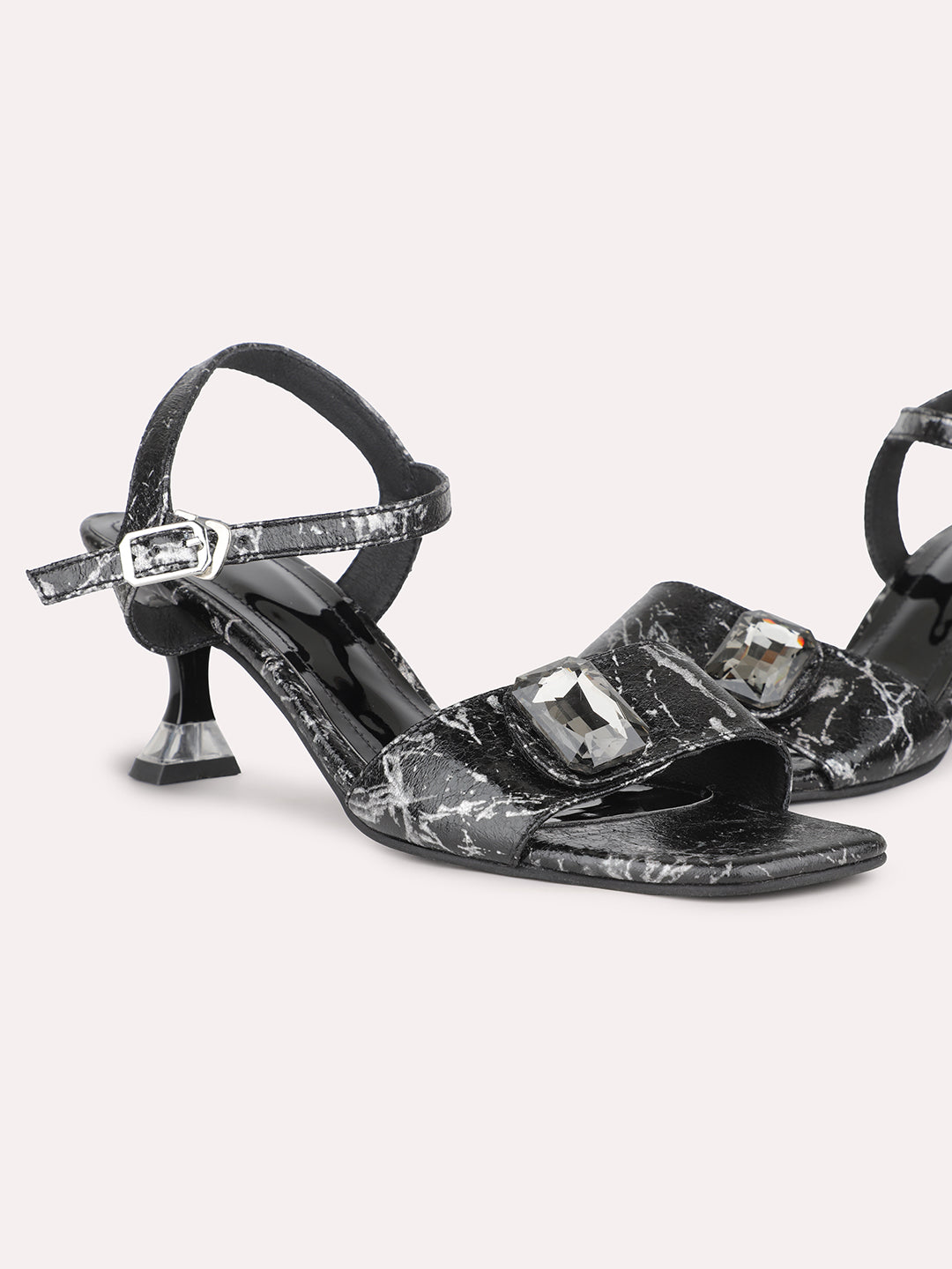 Women Black Textured Embellished Kitten Heels With Buckle Details