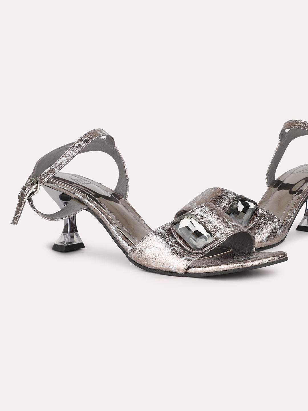 Women Pewter Textured Embellished Kitten Heels With Buckle Details