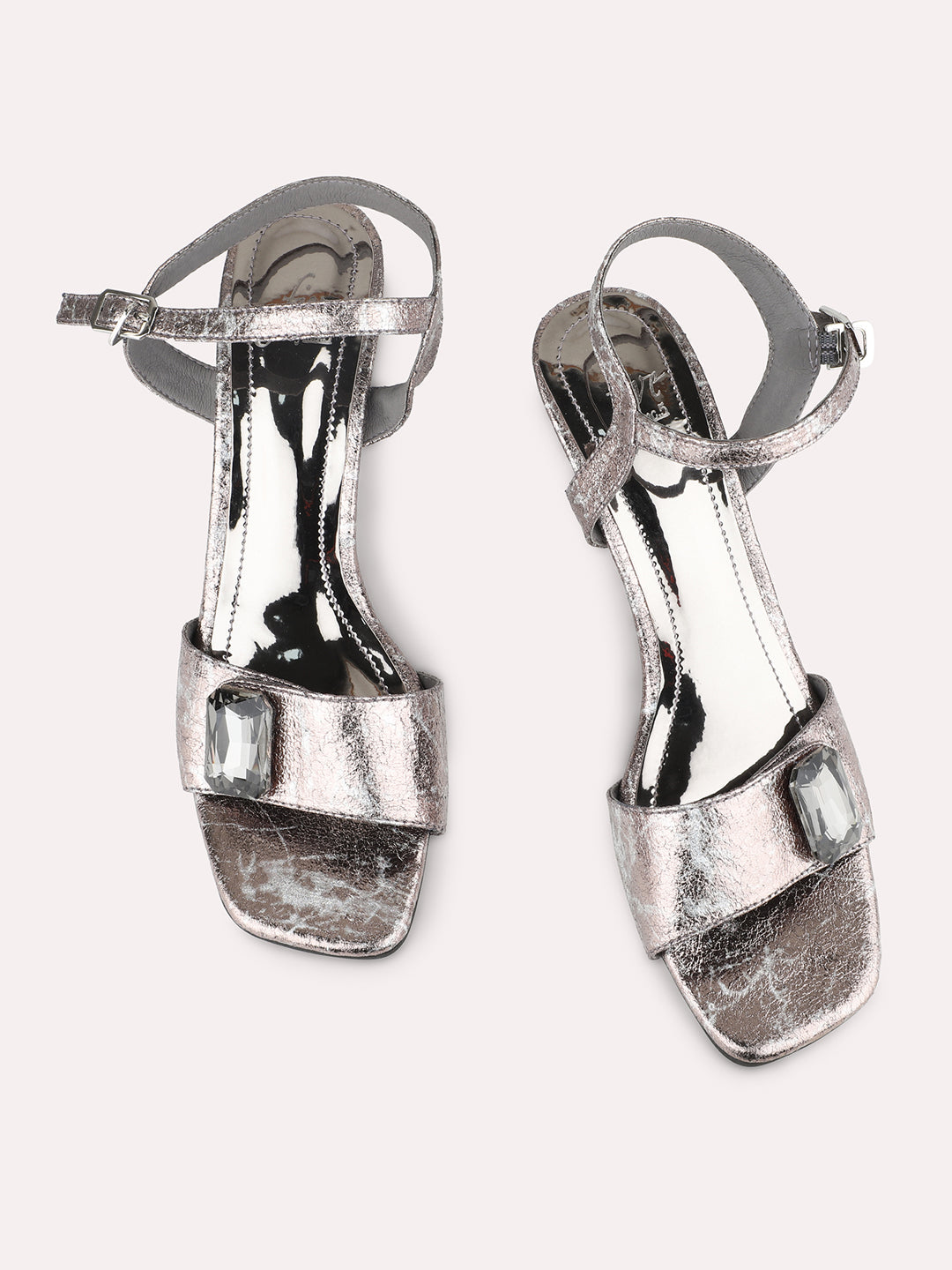 Women Pewter Textured Embellished Kitten Heels With Buckle Details