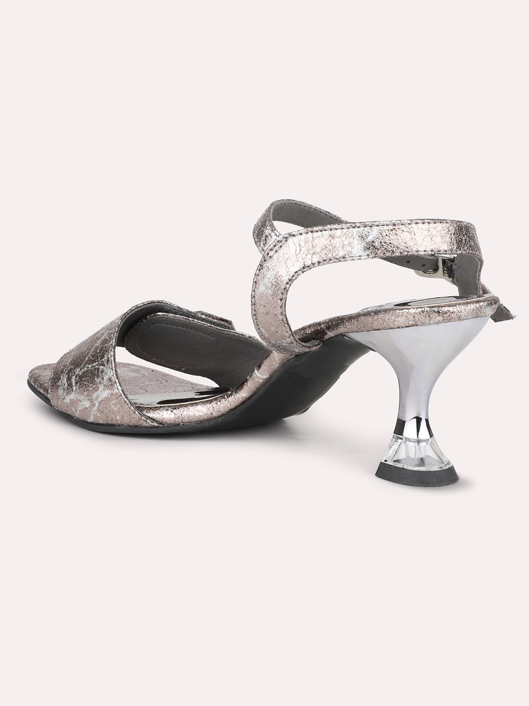 Women Pewter Textured Embellished Kitten Heels With Buckle Details