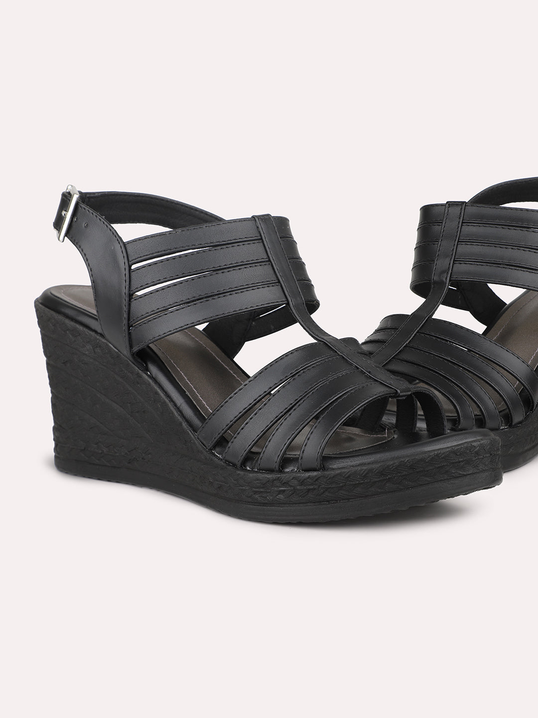 Women Black Strappy Wedge Heels With Buckle Details