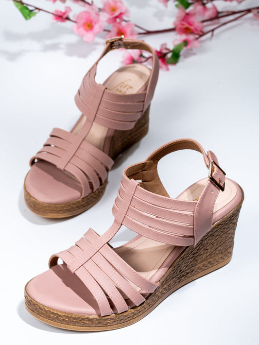 Women Peach Strappy Wedge Heels With Buckle Details