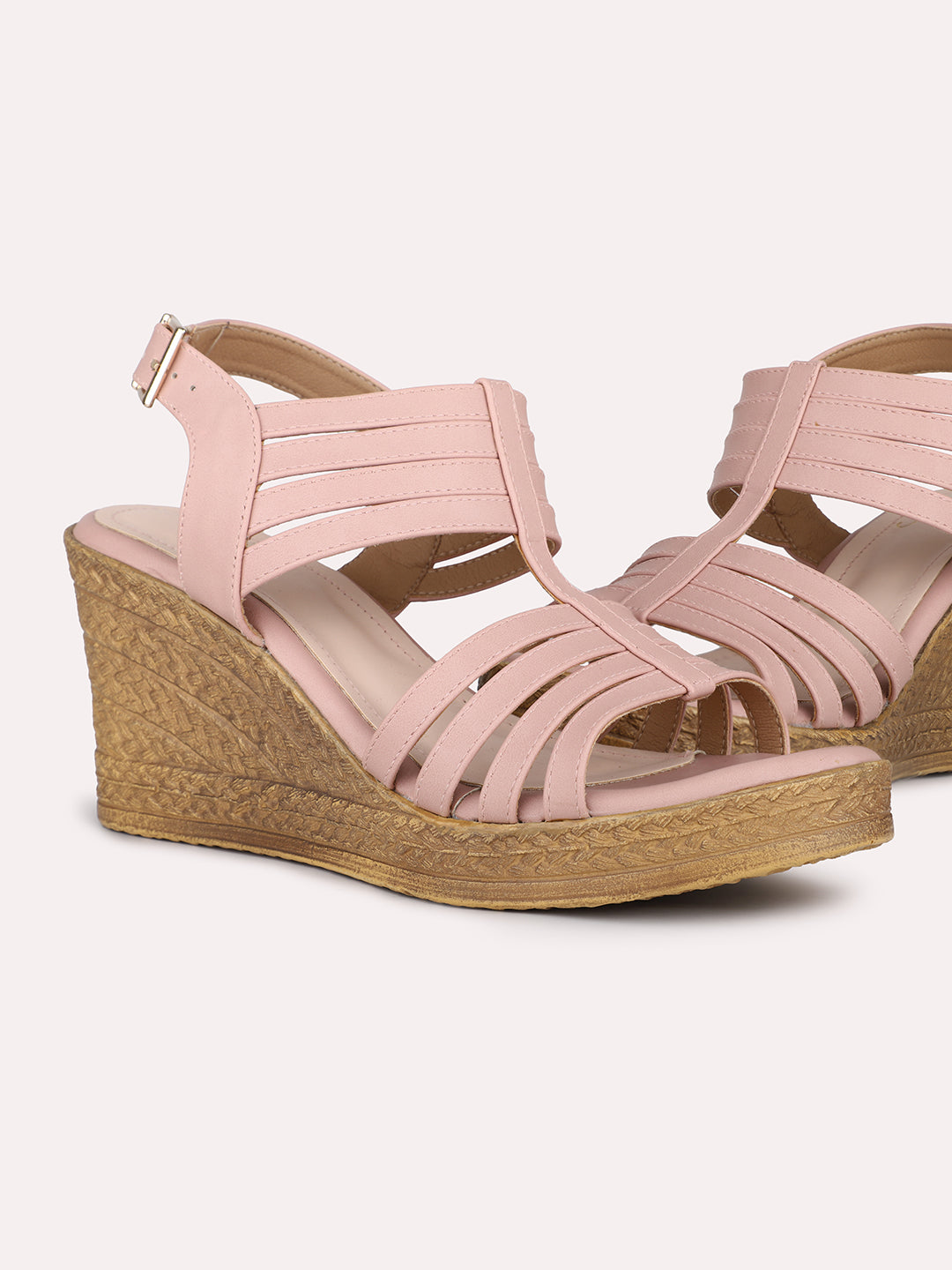 Women Peach Strappy Wedge Heels With Buckle Details