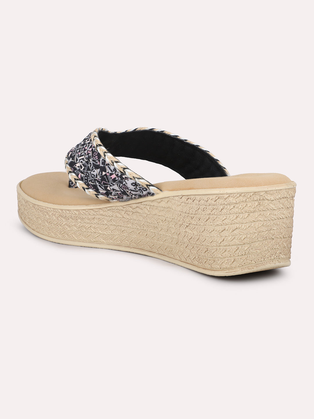 Women Black Woven Design Wedge Sandals