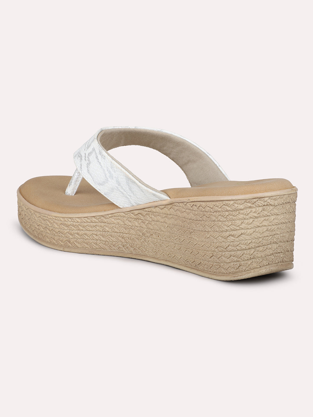 Women White Textured One Toe Wedge Heels