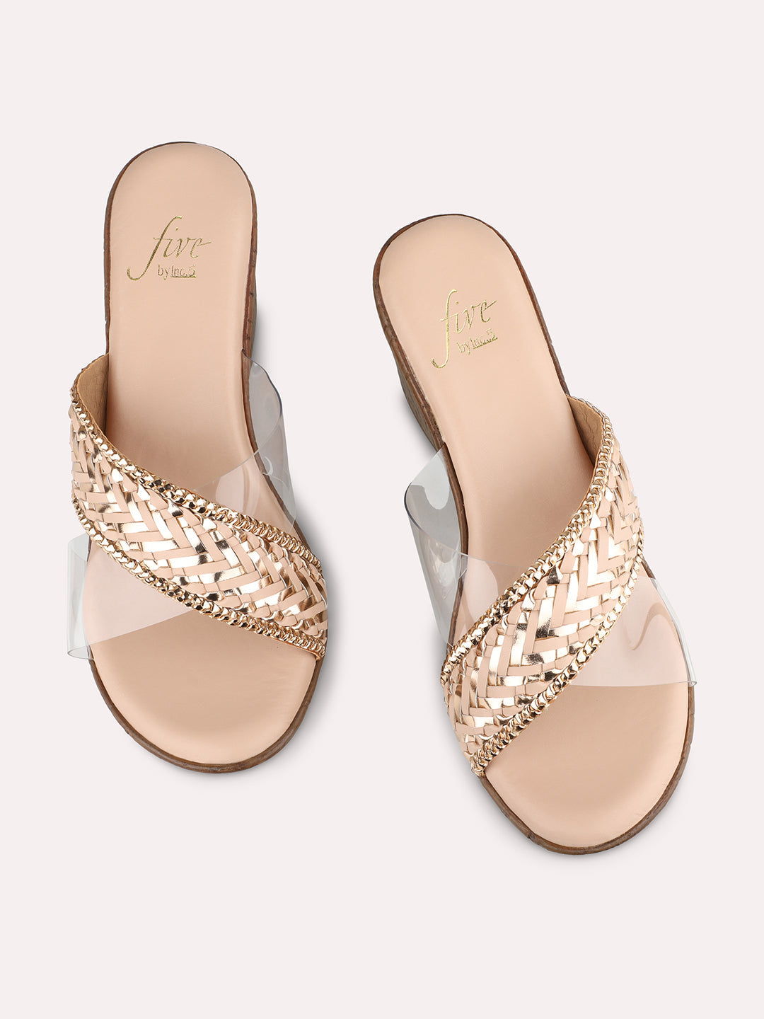 Women Peach & Gold-Toned Textured Wedge Heels