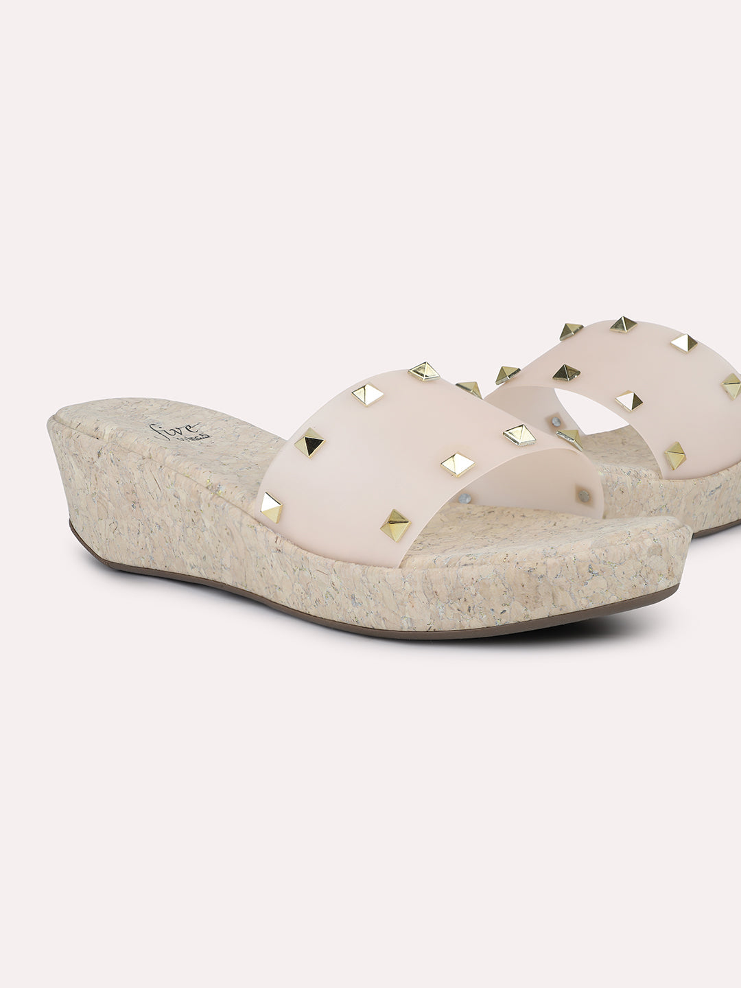 Women Beige & Cork Finish Transparent Studded Wedge Heels