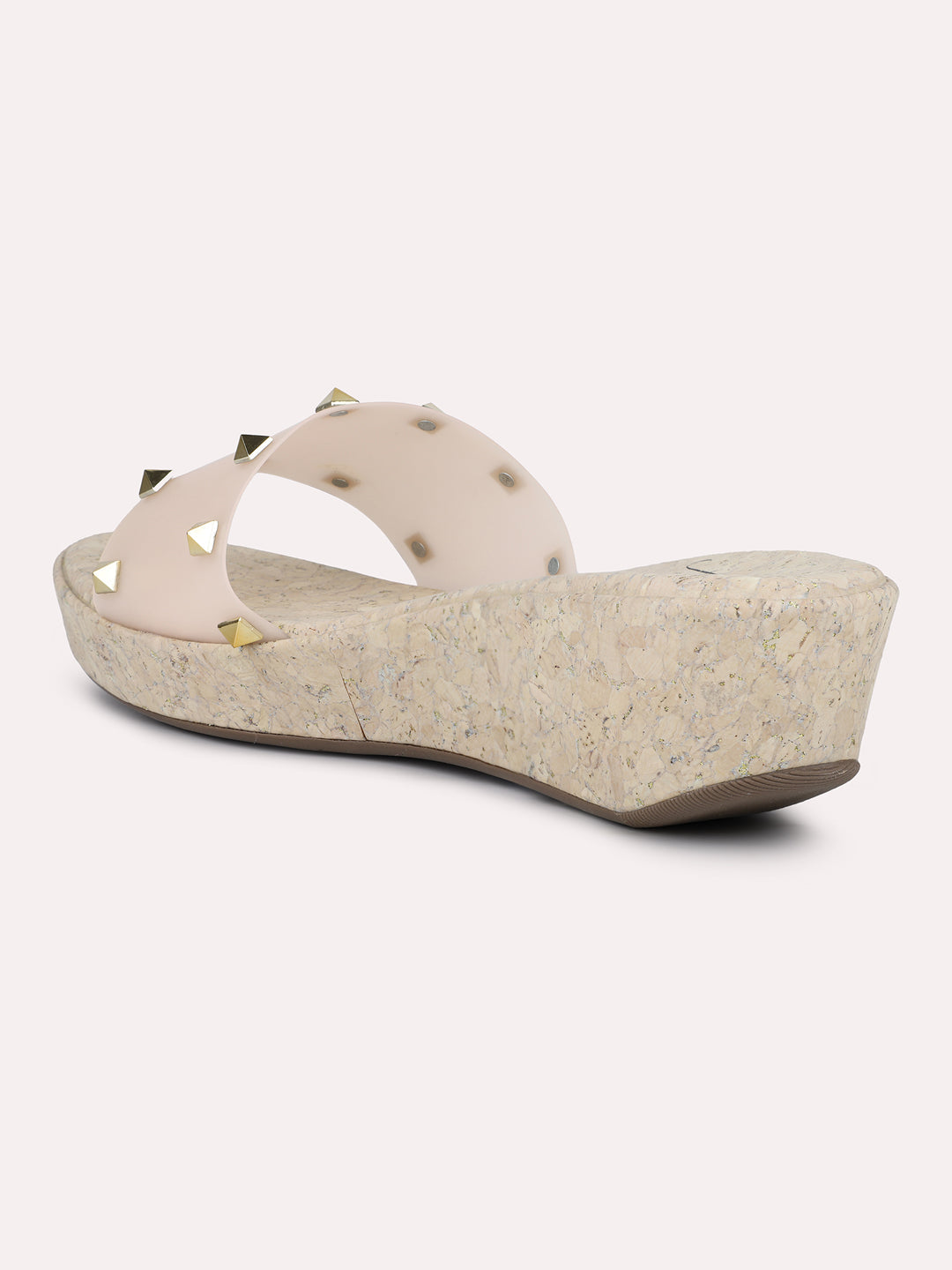 Women Beige & Cork Finish Transparent Studded Wedge Heels