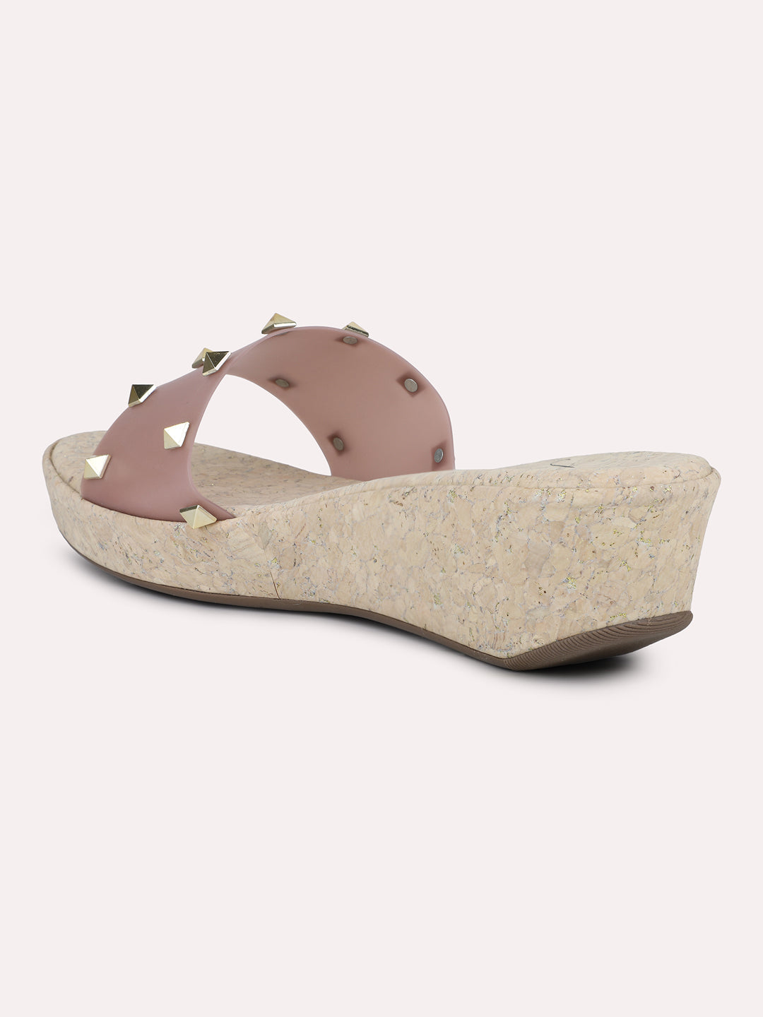 Women Peach & Cork Finish Transparent Studded Wedge Heels