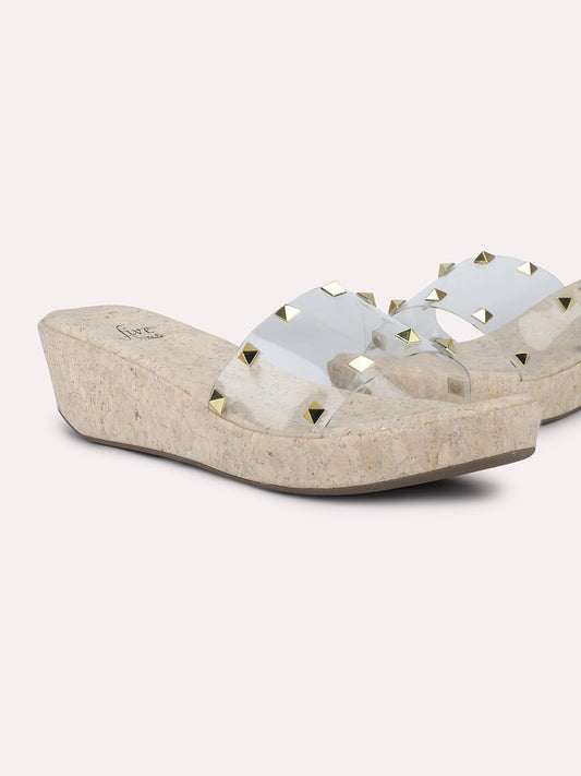 Women White & Cork Finish Transparent Studded Wedge Heels