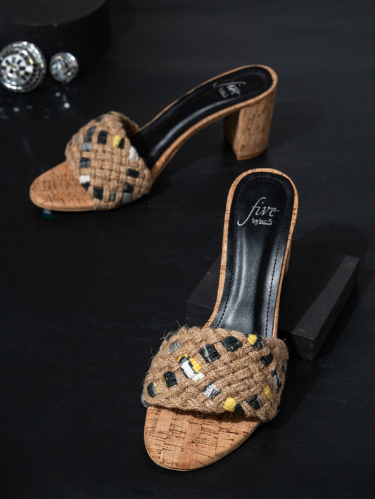 Women Black Woven Design Cork Finish Block Heels