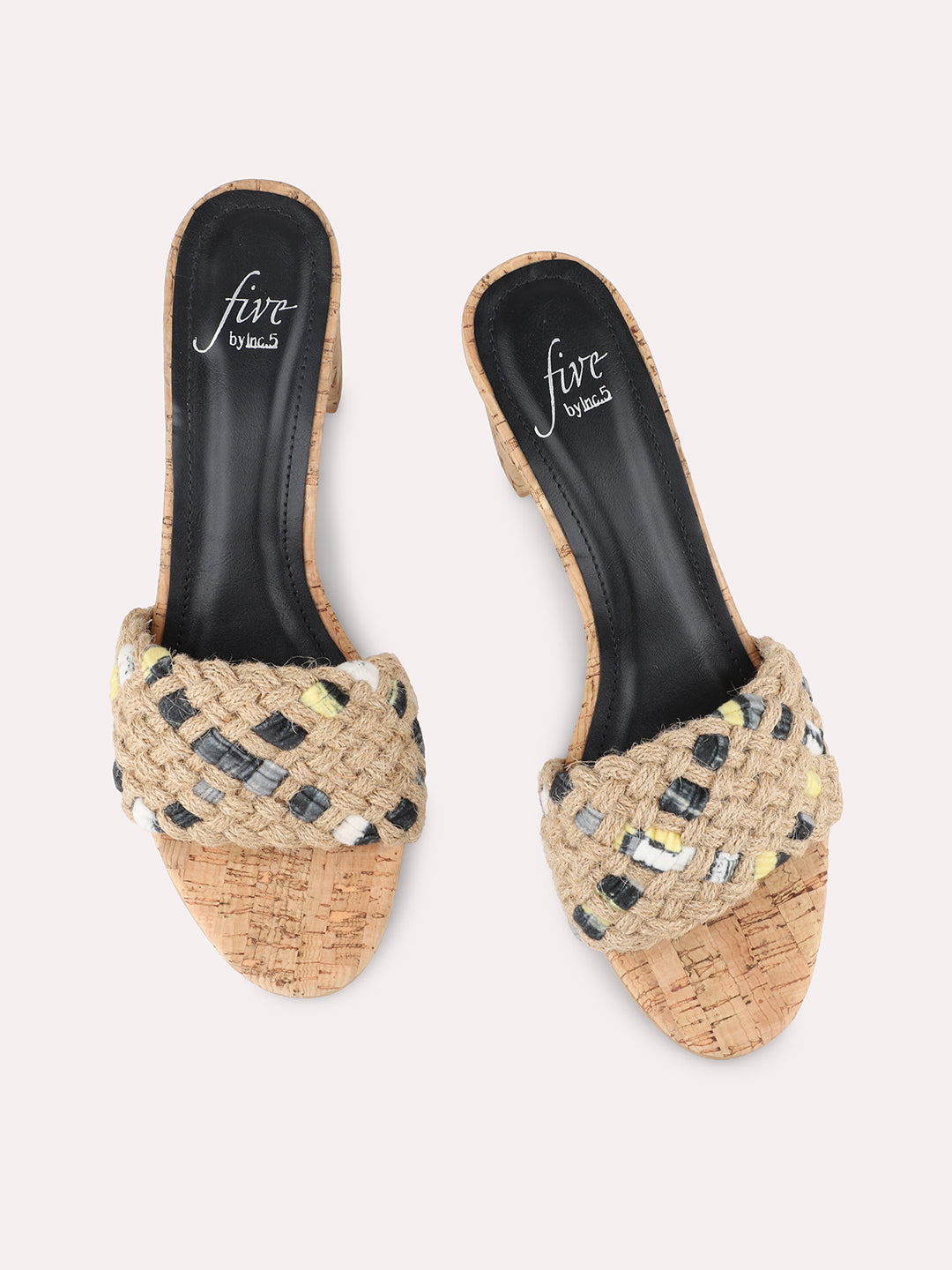 Women Black Woven Design Cork Finish Block Heels