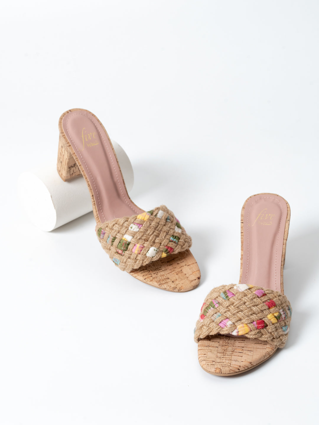 Women Pink Woven Design Cork Finish Block Heels