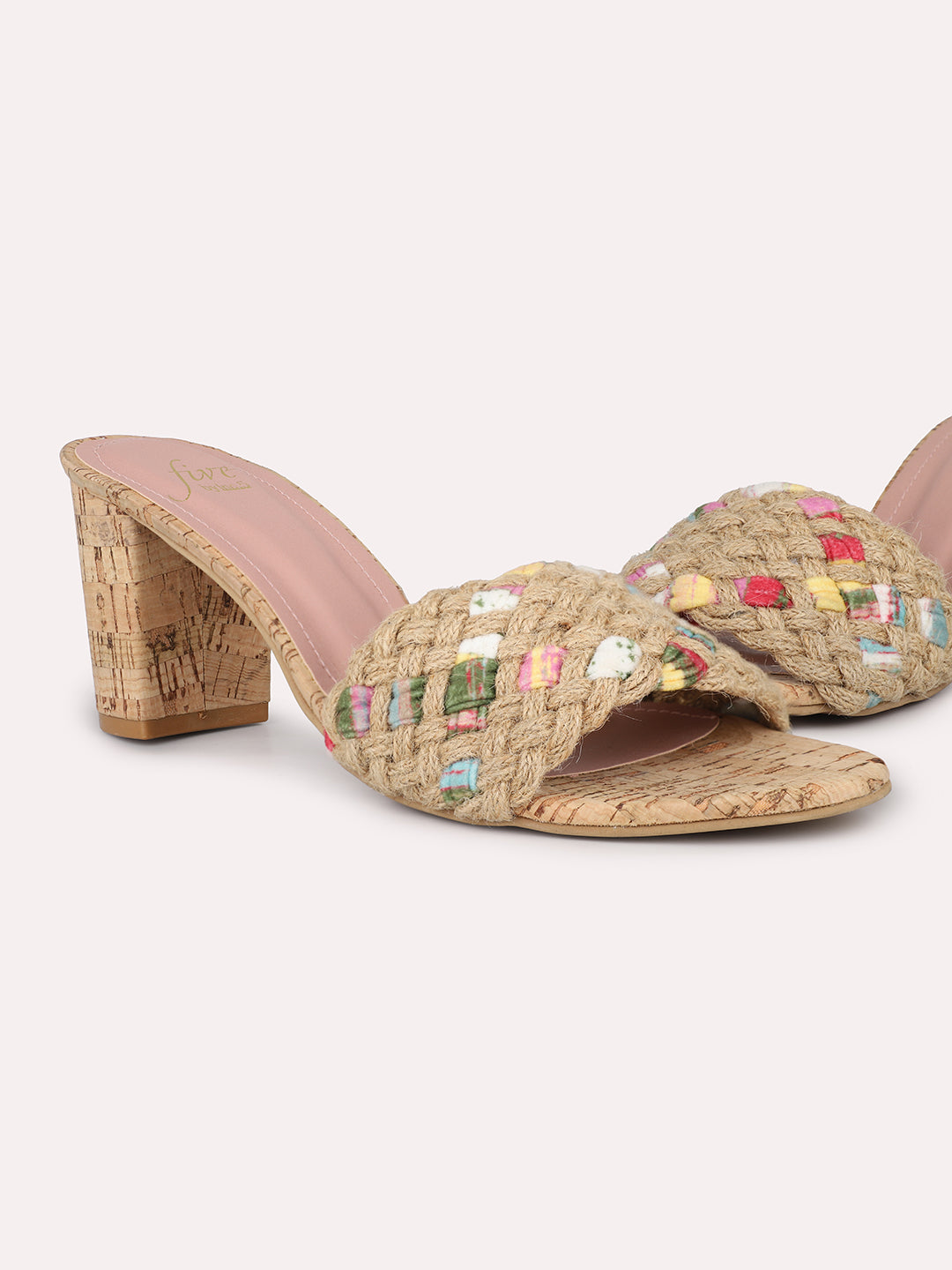 Women Pink Woven Design Cork Finish Block Heels