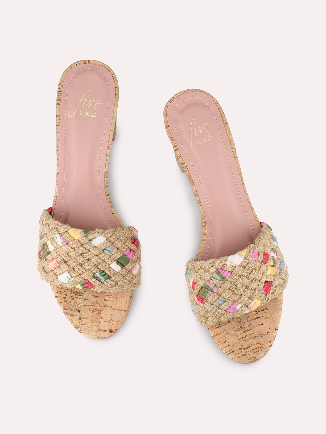 Women Pink Woven Design Cork Finish Block Heels