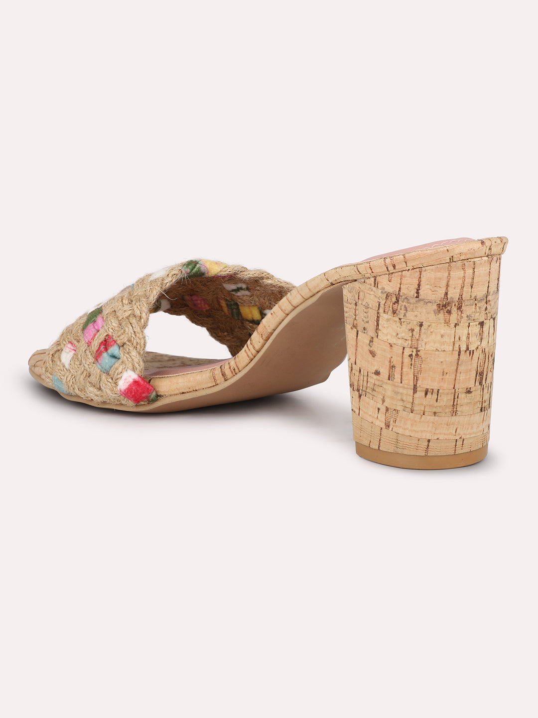 Women Pink Woven Design Cork Finish Block Heels