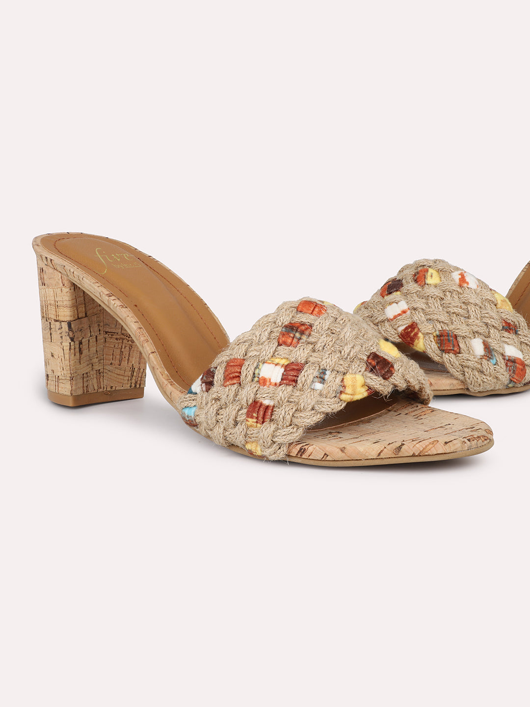 Women Tan Woven Design Cork Finish Block Heels