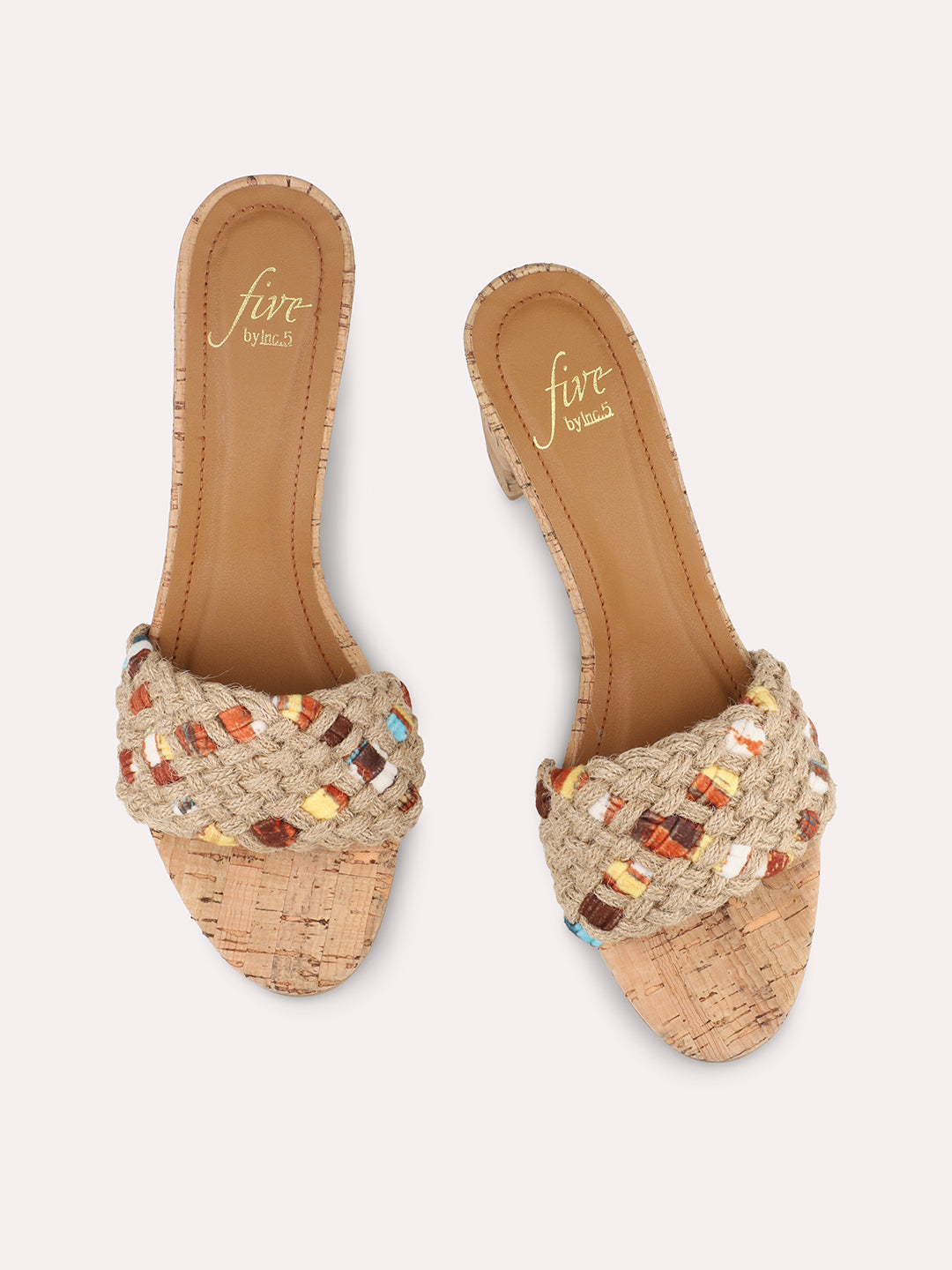 Women Tan Woven Design Cork Finish Block Heels