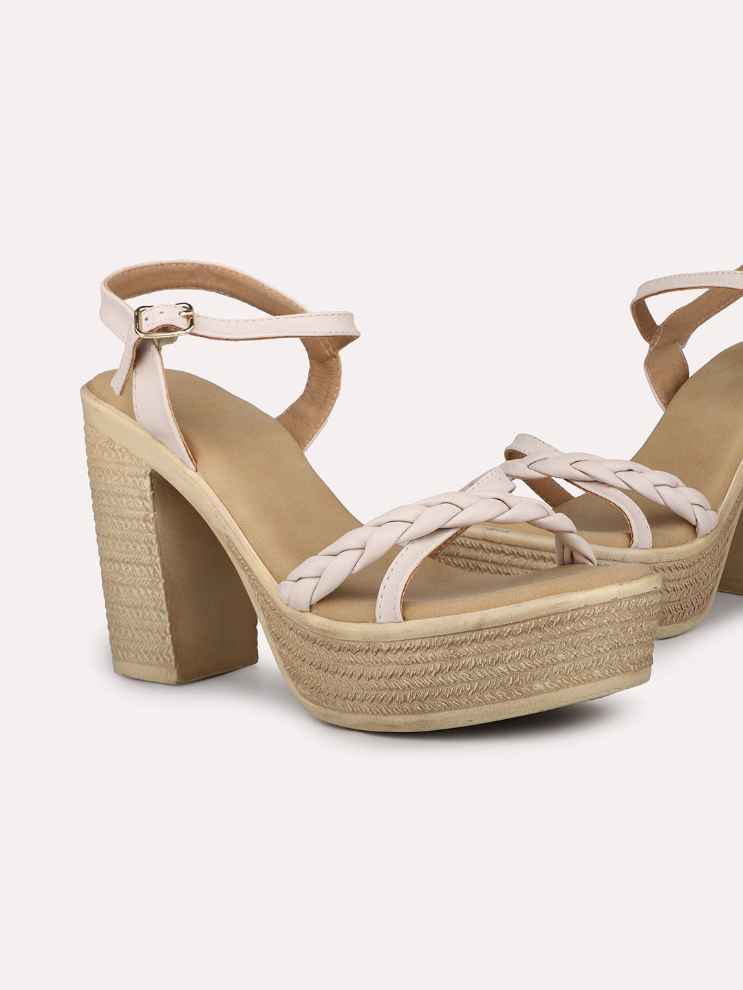 Women Beige Textured Platform Heels With Buckle Details