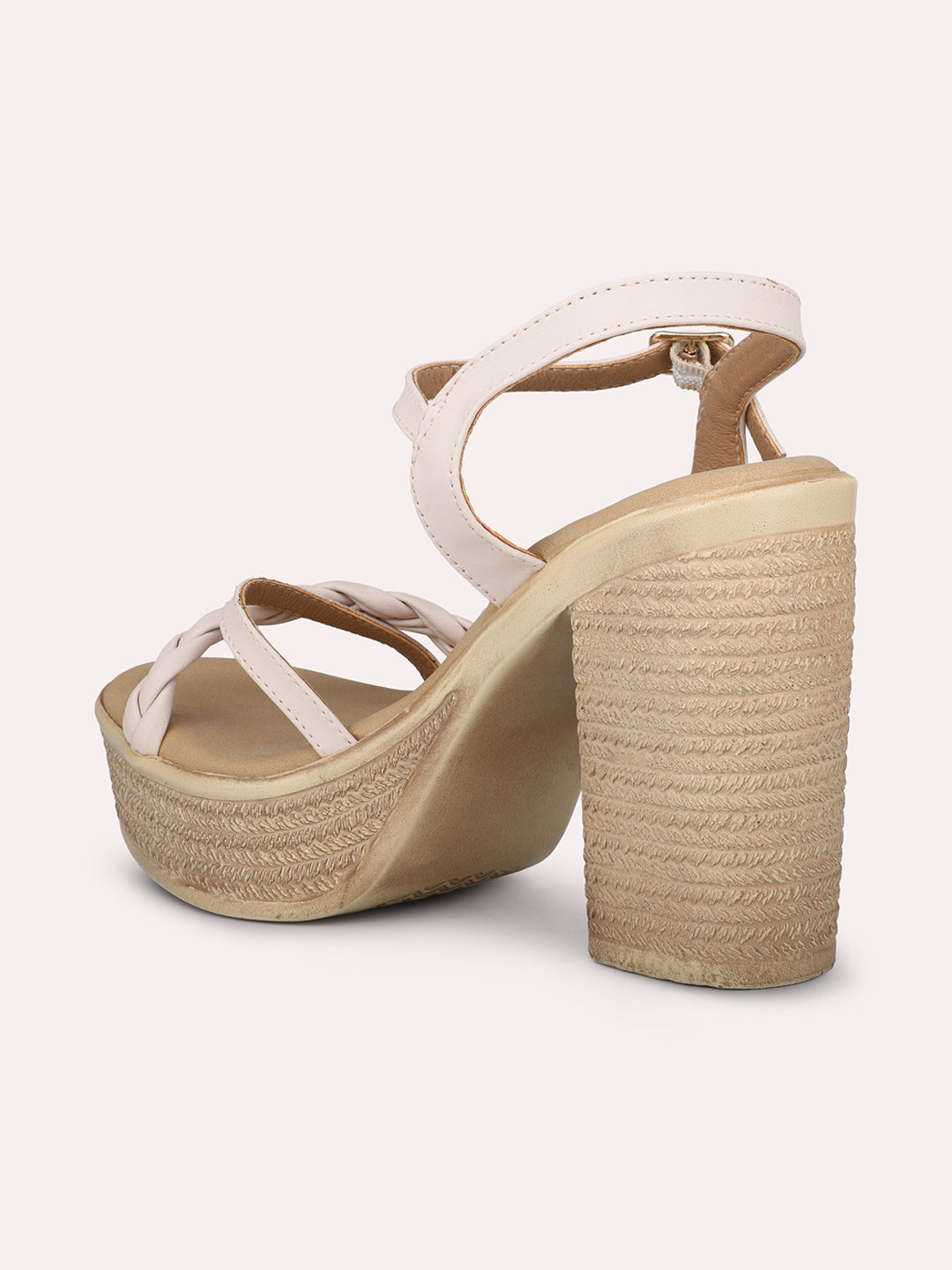 Women Beige Textured Platform Heels With Buckle Details