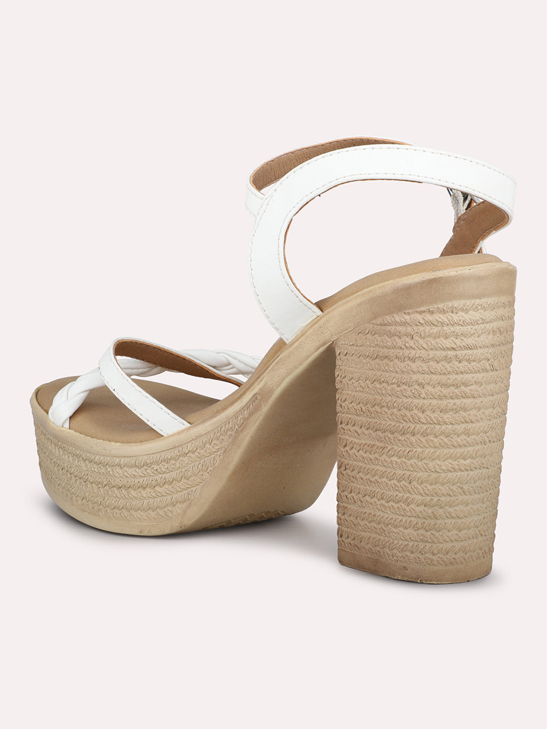 Women White Textured Platform Heels With Buckle Details