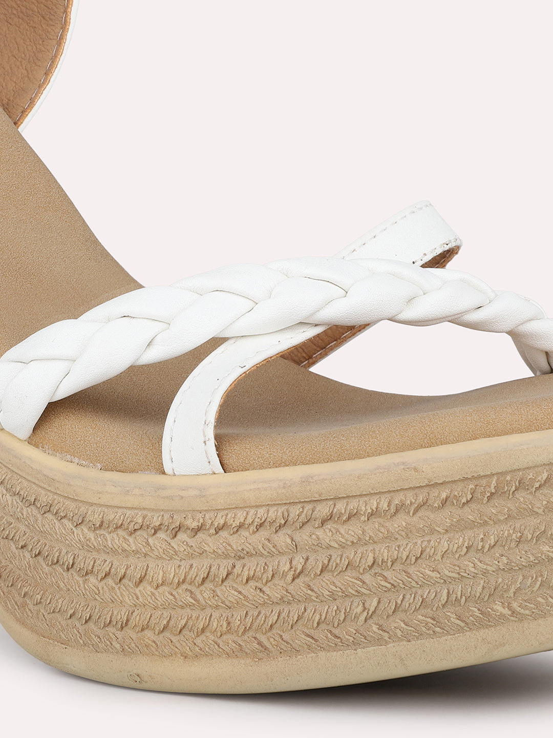 Women White Textured Platform Heels With Buckle Details