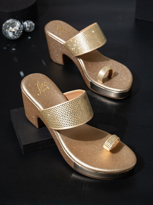 Women Gold Embellished One Toe Platform Heels