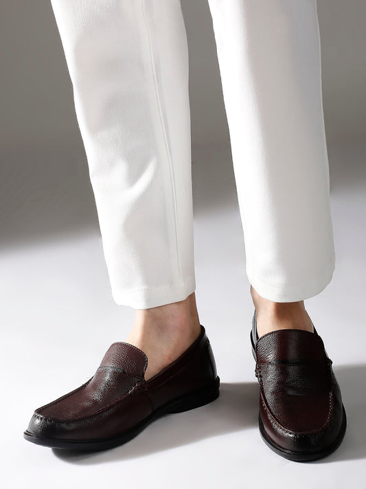 Men Bordo Textured Leather Formal Slip-On Shoes